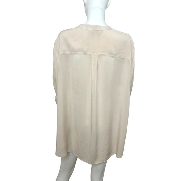 Philosophy Woman Tunic Top Beige 2X Roll Tab Long Sleeve Band Collar Pockets - Picture 3 of 10